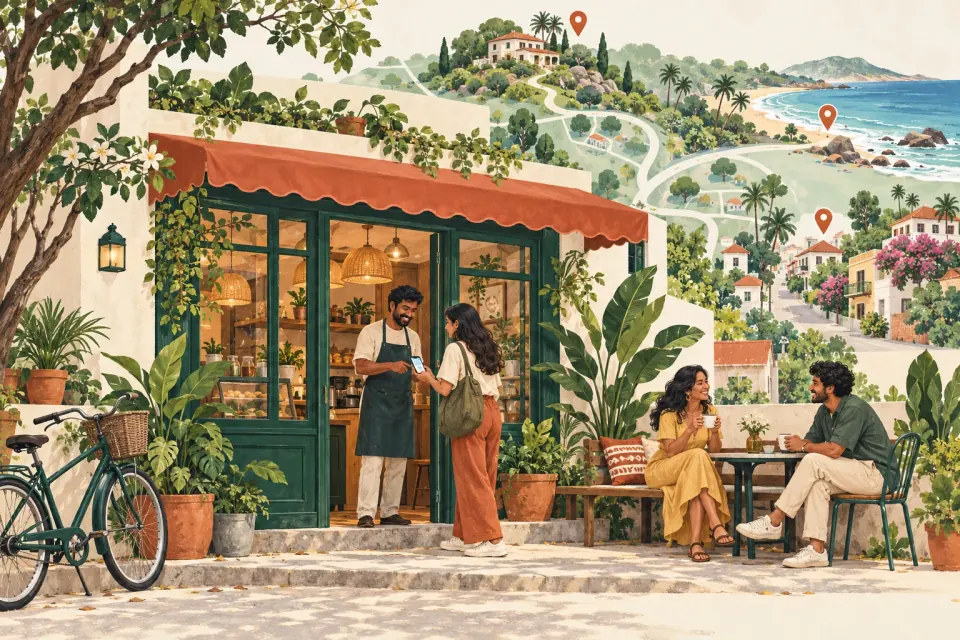Illustration of a visitor meeting a cafe owner, with friends and connected places nearby.