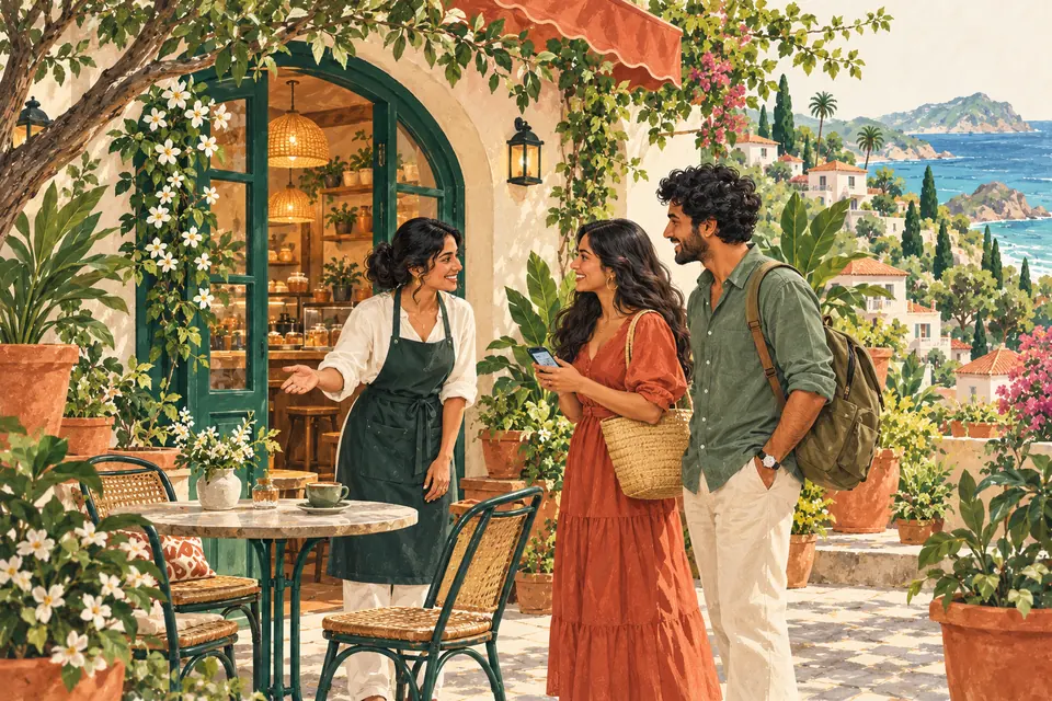 A cafe owner welcoming visitors in person.