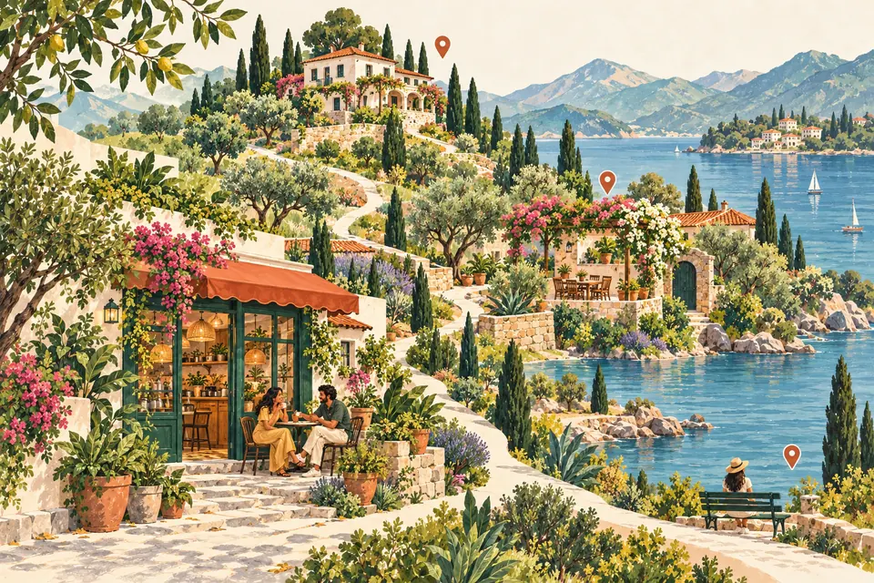 A painted map connecting a cafe, hillside stay, courtyard and lakeside bench.