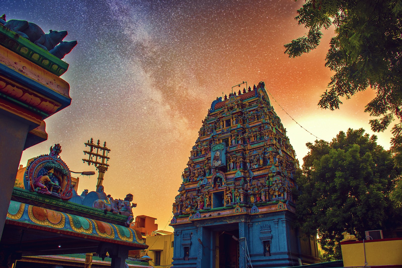 Meenakshi temple gopuram, Madurai, with painted deities